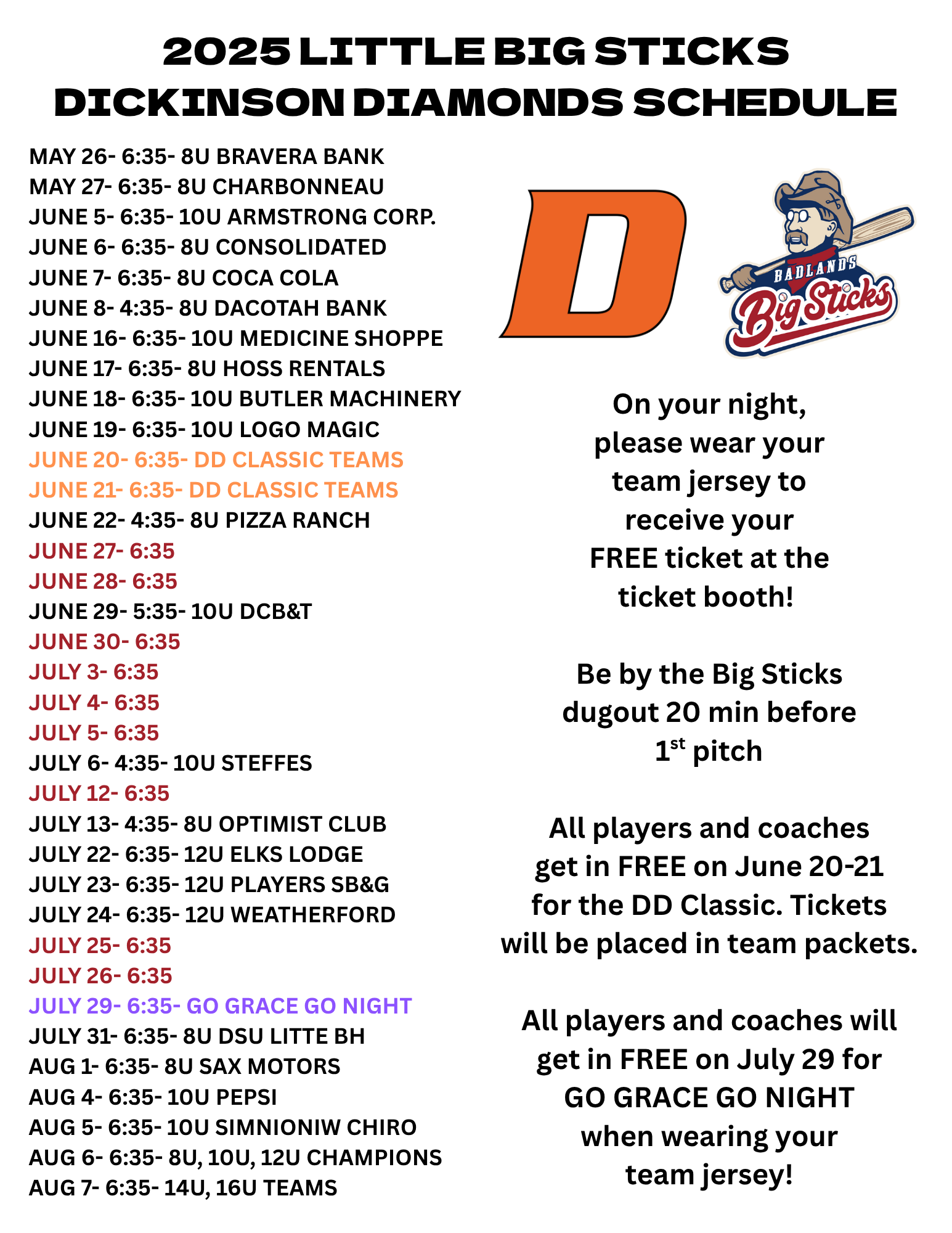 2025 LITTLE BIG STICKS DIAMONDS SCHEDULE