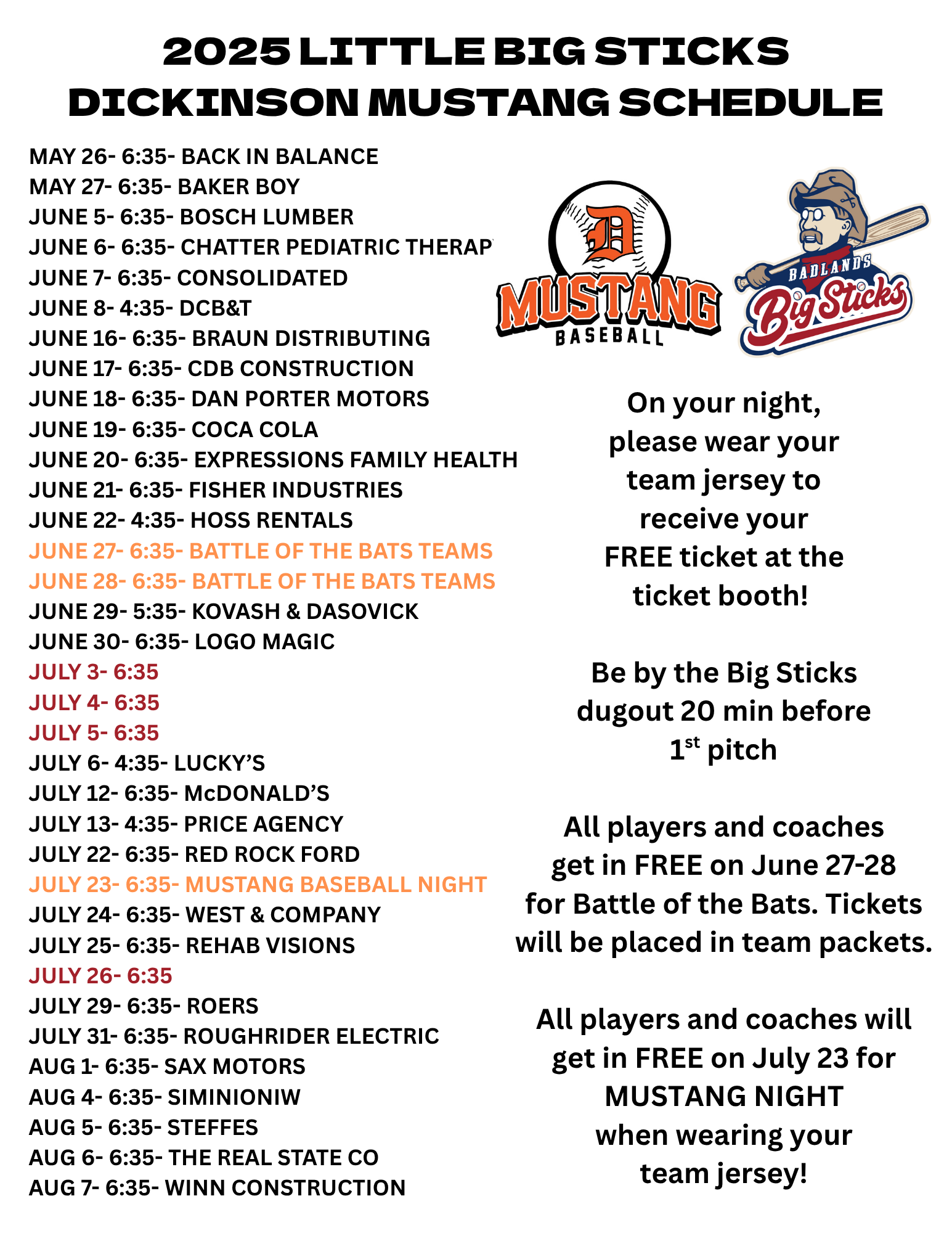2025 LITTLE BIG STICKS MUSTANG SCHEDULE