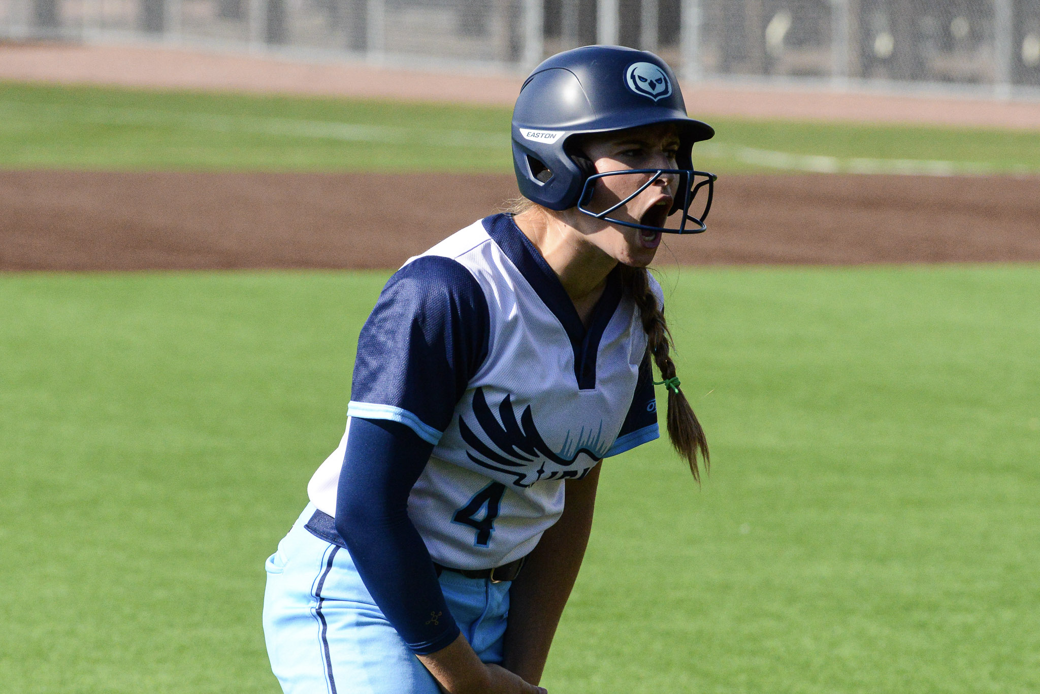 Riley gets fired up with the dugout after a triple against Minot Riley gets fired up with the dugout after a triple against Minot